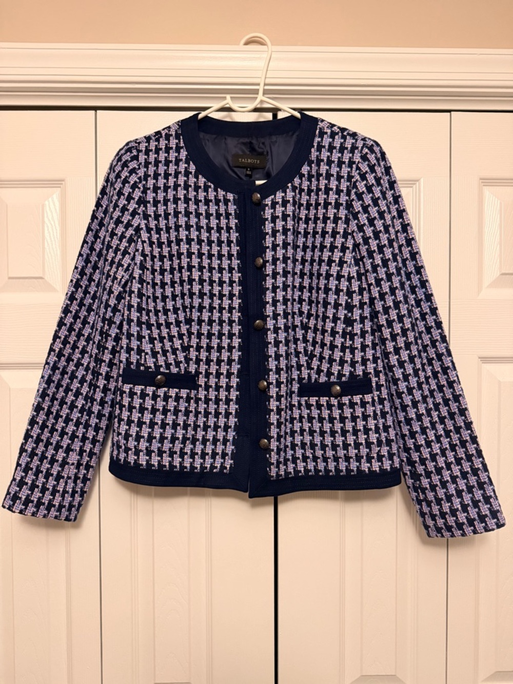 Talbots Navy and Light Pink Tweed Collarless Button Jacket